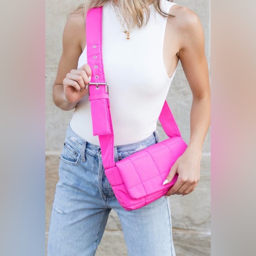 Hot Pink Quilted Puffer Crossbody Bag Fold Over Trendy EUC
